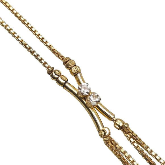 Clear Rhinestone Tassel Box Chain Y Necklace S-Hook Closure Gold Tone Vintage - Picture 4 of 6